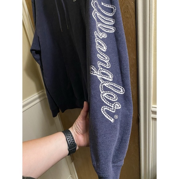 WRANGLER MEN'S LOGO SLEEVE HOODED SWEATSHIRT SCRIPT WRITING SIZE XL NAVY - Picture 2 of 11